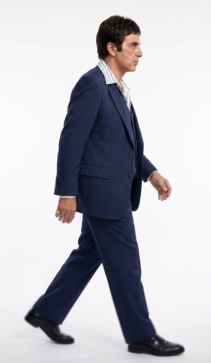 Tony Montana’s Blue Pinstripe 3 Piece Suit – Men’s Vintage Blue Striped Suit for Wedding, Prom and Classic Formal Wear