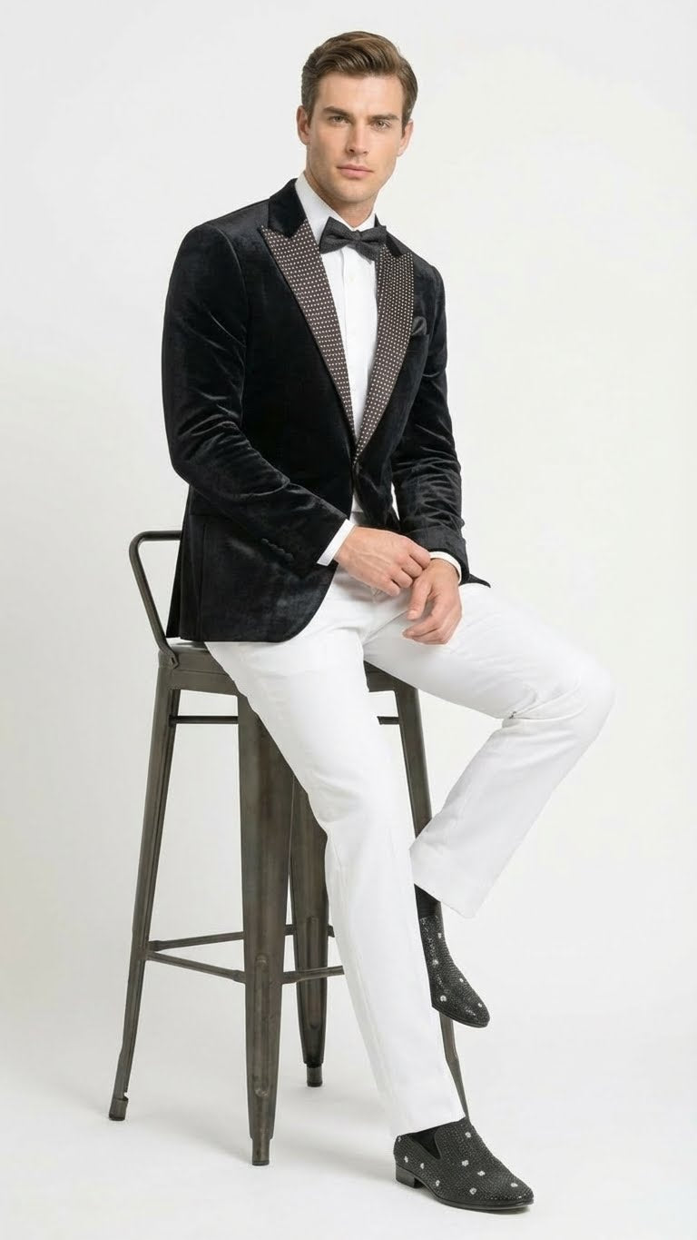 Men’s Black Velvet Tuxedo Blazer with Studded Lapel – Formal Evening Jacket