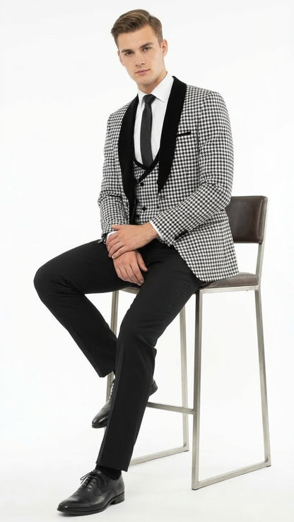Men’s Black and White Houndstooth Tuxedo Set with Velvet Shawl Lapel | 3-Piece Formal Suit with Black Double-Breasted Vest