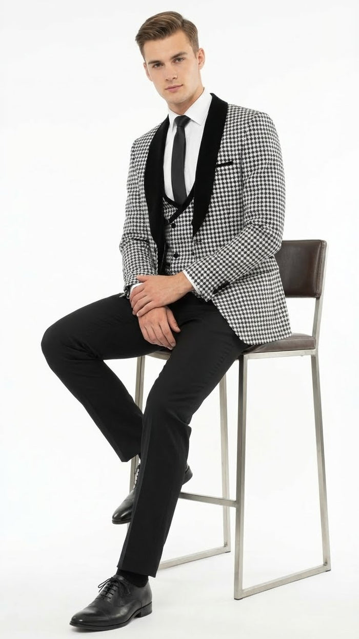 Men’s Black and White Houndstooth Tuxedo Set with Velvet Shawl Lapel | 3-Piece Formal Suit with Black Double-Breasted Vest