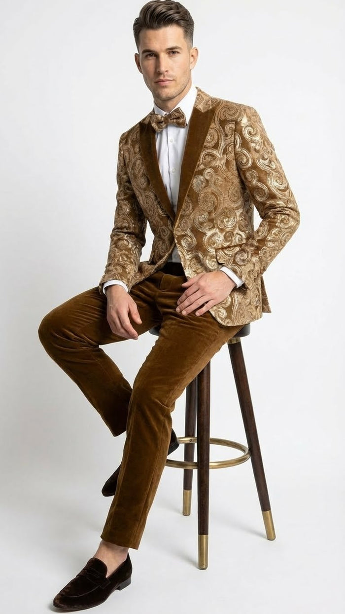 Men’s Brown Tuxedo dinner Jacket Blazer – Jacket for Formal Paisley Pattern Coffee Mocca Color + Bowtie