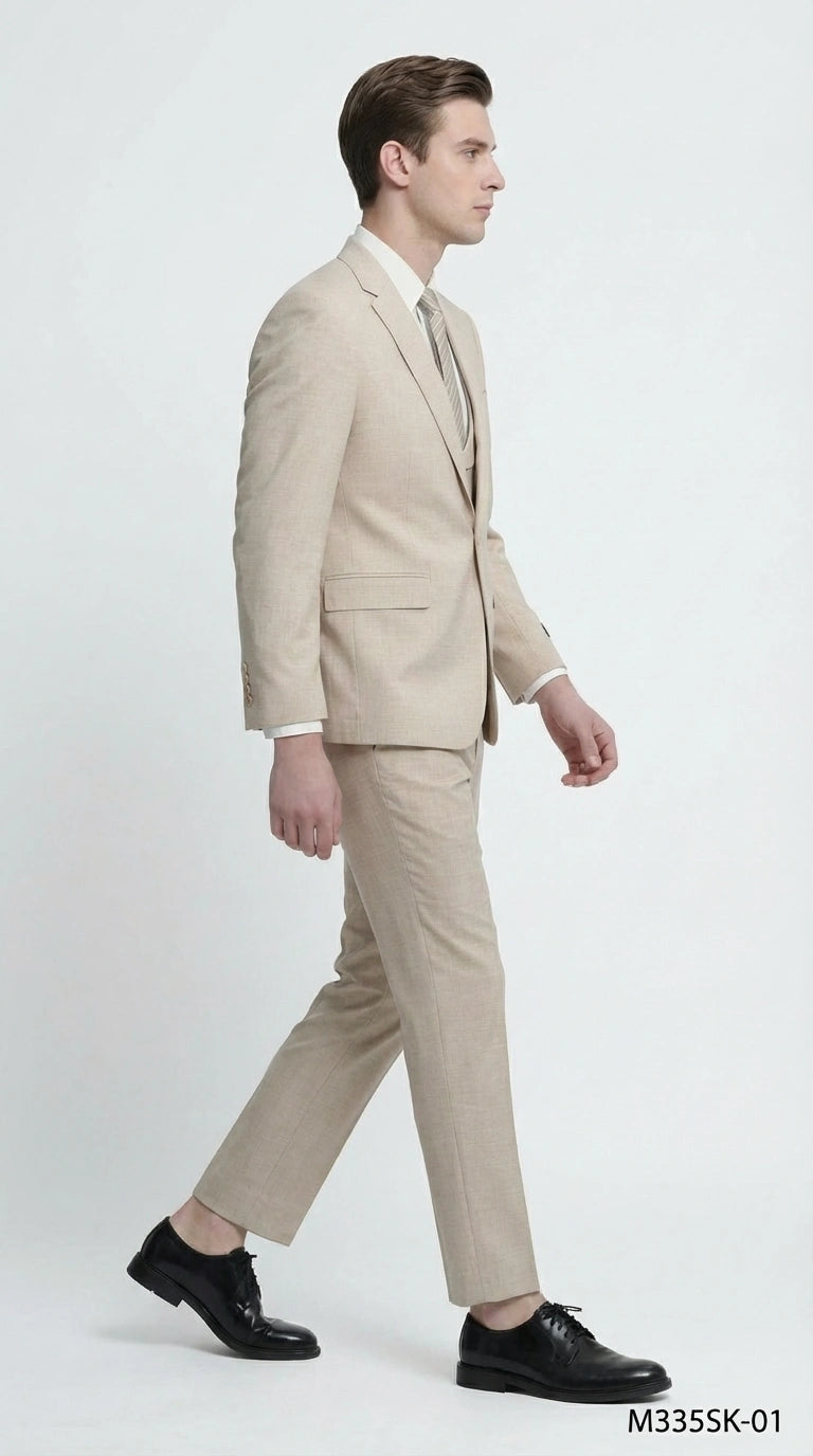Mens Sand Beige 3 Piece Suit – Double breasted Vest Formal Suit Set  and Dress Pants in Champaign Natural Summer Color Modern Fit
