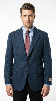 Mens Light Blue Tweed Blazer Sport Coat – Classic Herringbone Jacket Formal Business Casual Smart Outerwear in indigo cobalt blue