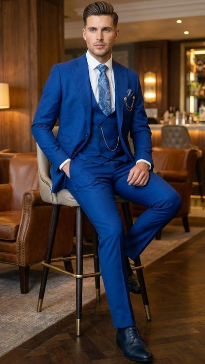 Men’s Royal Blue 3 Piece Suit Set with Vest – Formal Wedding and Party Wear Suit - Saphire Cobalt blue Modern Fit