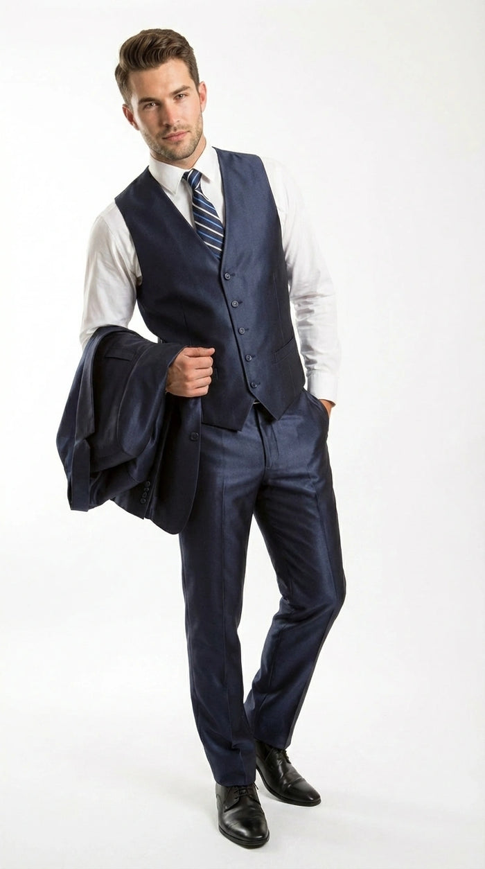 Men’s Navy Blue Sharkskin 3 Piece Suit – Two Button Vested Shiny Formal Suit for Wedding, Prom, Business and Party Wear Modern Fit