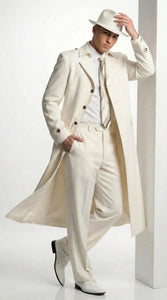 Men’s Ivory Cream Off White  Full Length Zoot Suit – Vintage Gangster Style Long Coat Formal Suit
