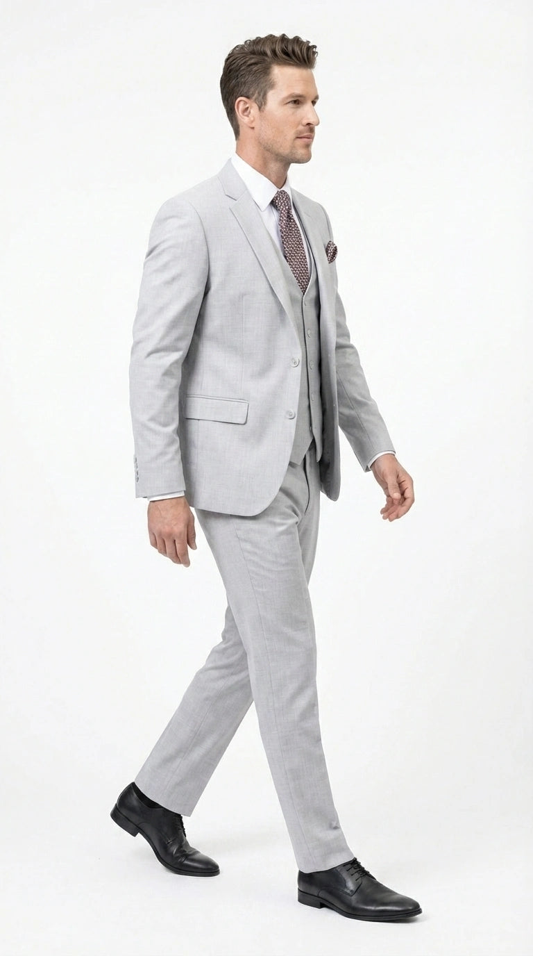 Men’s Light Grey Sharkskin 3 Piece Suit – Two Button Vested Modern Formal Business Suit for Wedding in silver Ice Gray Modern Fit