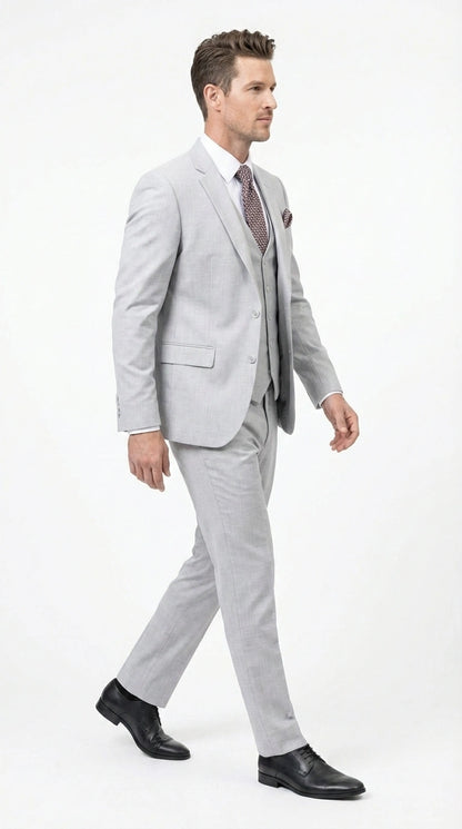 Men’s Light Grey Sharkskin 3 Piece Suit – Two Button Vested Modern Formal Business Suit for Wedding in silver Ice Gray Modern Fit