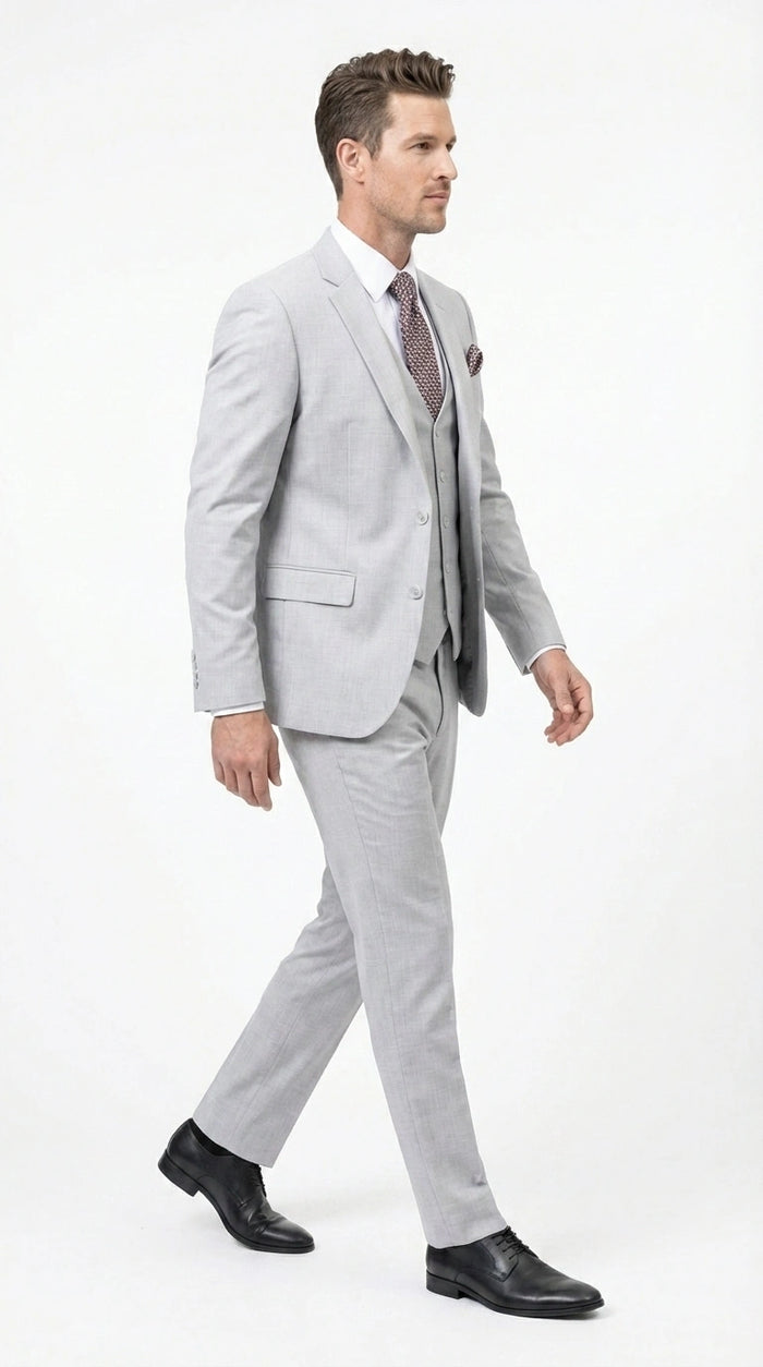 Men’s Light Grey Sharkskin 3 Piece Suit – Two Button Vested Modern Formal Business Suit for Wedding in silver Ice Gray Modern Fit