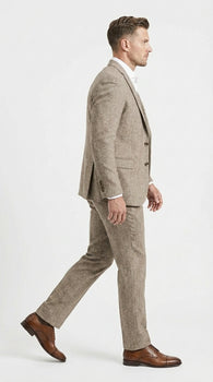 Men’s Light Beige Herringbone Tweed Suit with Vest – Classic Three Piece Formal Suit, Vintage Business Wedding Outfit, Elegant Smart Casual Wear