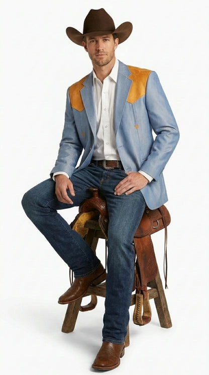 Men’s Sky Blue and Gold Western Cowboy Blazer – Classic Country Style Jacket, Retro in Steel Blue Color