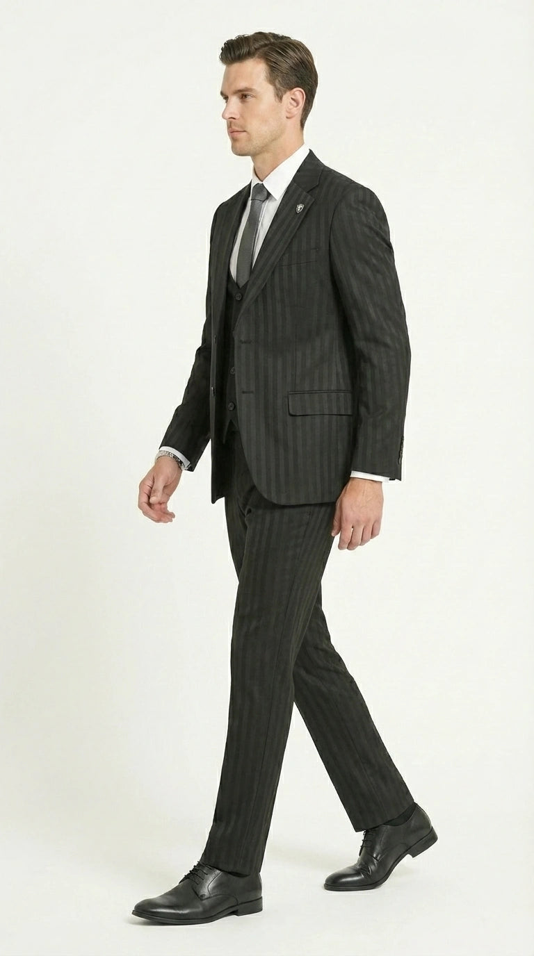 Men’s Black Pinstripe 3 Piece Suit – Vested Formal Business Suit for Wedding, Office, Prom and Party Wear Modern Fit