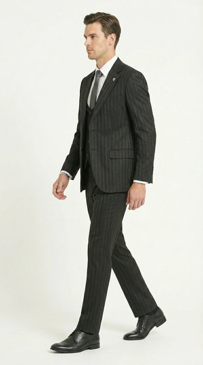 Men’s Black Pinstripe 3 Piece Suit – Vested Formal Business Suit for Wedding, Office, Prom and Party Wear Modern Fit