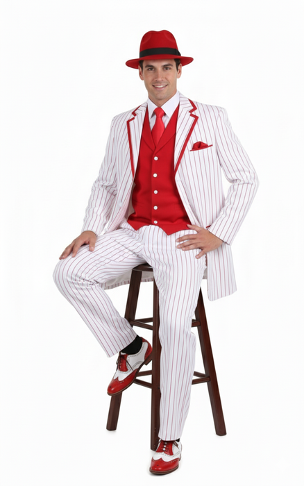 Men’s 1920s White and Red Pinstripe Zoot Suit with Fedora Hat and Wingtip Shoes – Vintage Gangster 3-Piece New Year Holiday Christmas Suit