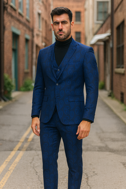 Men’s Sapphire Blue Paisley 3-Piece Suit – Slim Fit Designer Tuxedo Set for Weddings and Formal Events in Cobalt Blue Color