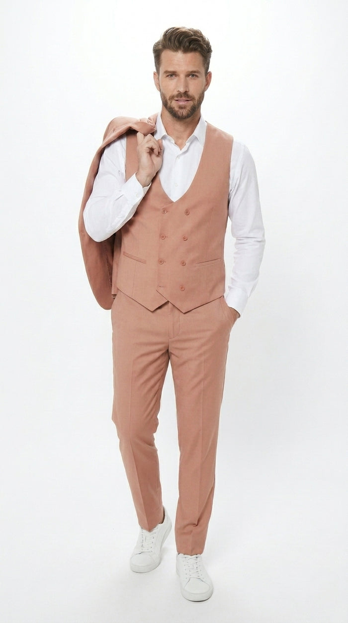 Men’s Peach Light Brown 3 Piece Suit – Wedding & Prom Formal Suit Set, Blazer Pants Double breasted vest