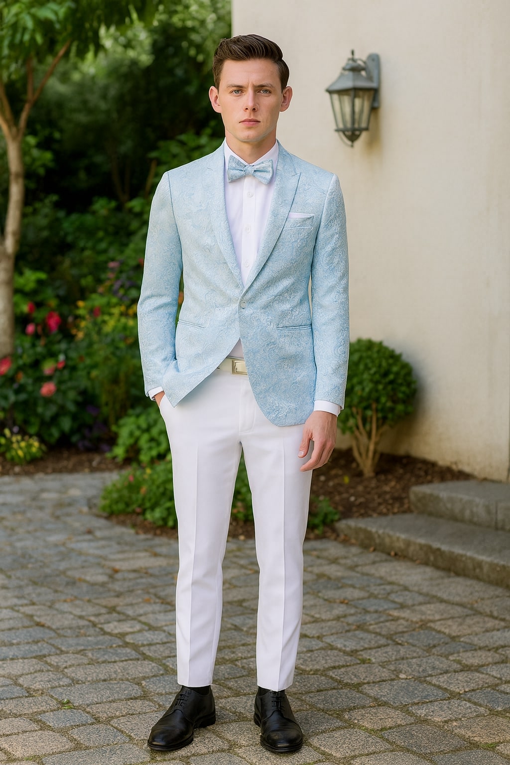 Mens Light Blue Paisley Tuxedo Jacket with Matching Bow Tie – Slim Fit Blazer for Weddings, Prom, and Formal Events - Image 4