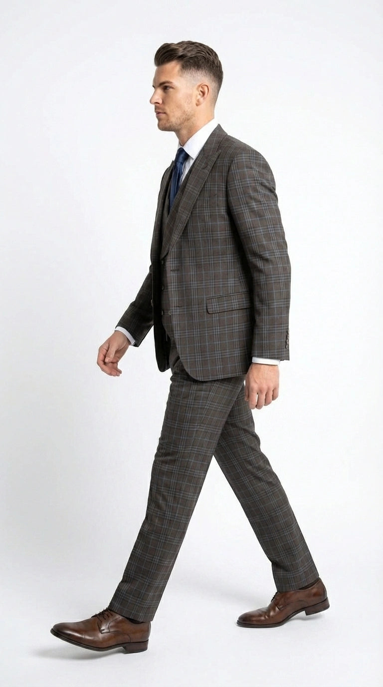 Vitali Men’s Brown Grey with blue Check 3 Piece Suit – Classic Plaid Formal Suit Set with Blazer, Vest & Trousers, Business Wedding Party Wear for Men Modern Fit
