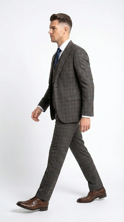 Vitali Men’s Brown Grey with blue Check 3 Piece Suit – Classic Plaid Formal Suit Set with Blazer, Vest & Trousers, Business Wedding Party Wear for Men Modern Fit