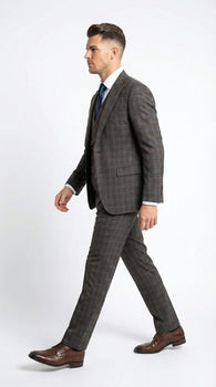 Vitali Men’s Brown Grey with blue Check 3 Piece Suit – Classic Plaid Formal Suit Set with Blazer, Vest & Trousers, Business Wedding Party Wear for Men Modern Fit