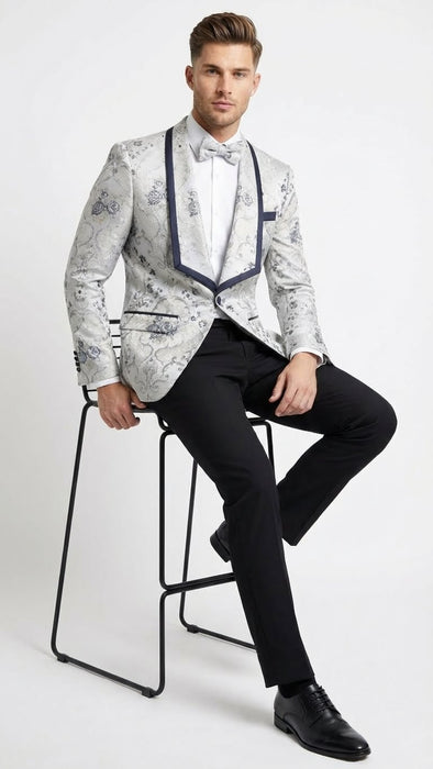 Men’s White and Navy Blue Lapel  Floral Jacquard Blazer with Contrast Shawl Lapel – Luxury Wedding and Party Wear Jacket paisley Tuxedo Navy Pants