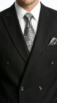 Men’s Black Pinstripe Double Breasted Suit – Peak Lapel Classic Fit Formal Business Conservative settle stripe