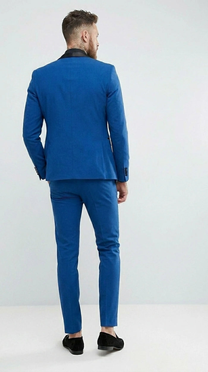 Men’s Royal Blue 3 Piece Suit with Black Lapel – Modern Formal Suit for Wedding, Prom and Party Wear Modern Fit