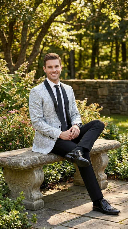 Men’s Silver and Black Floral Blazer – Elegant Formal Tuxedo Style Blazer Jacket for Wedding, Party, Prom and Evening Wear