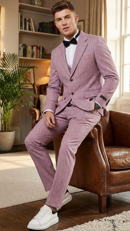 Men’s Dusty Rose Pink Pinstripe Three Piece Suit with Vest | Wedding and Party Formal Wear Prom or Church Suit Modern Fit
