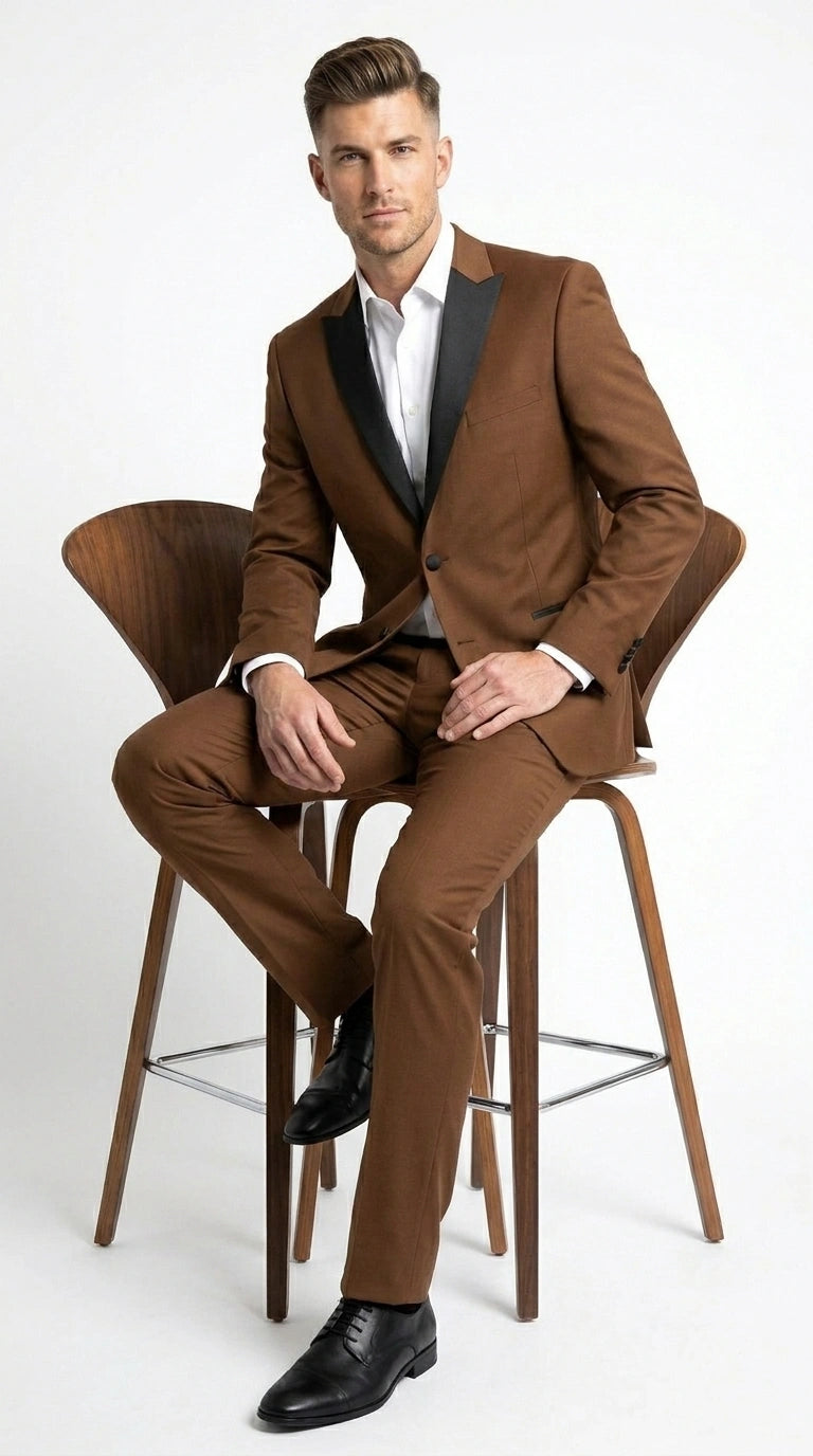 Men’s Light Brown Vested Piece Suit – Elegant Formal Suit with Contrast Lapel for Wedding, Party Modern Fit