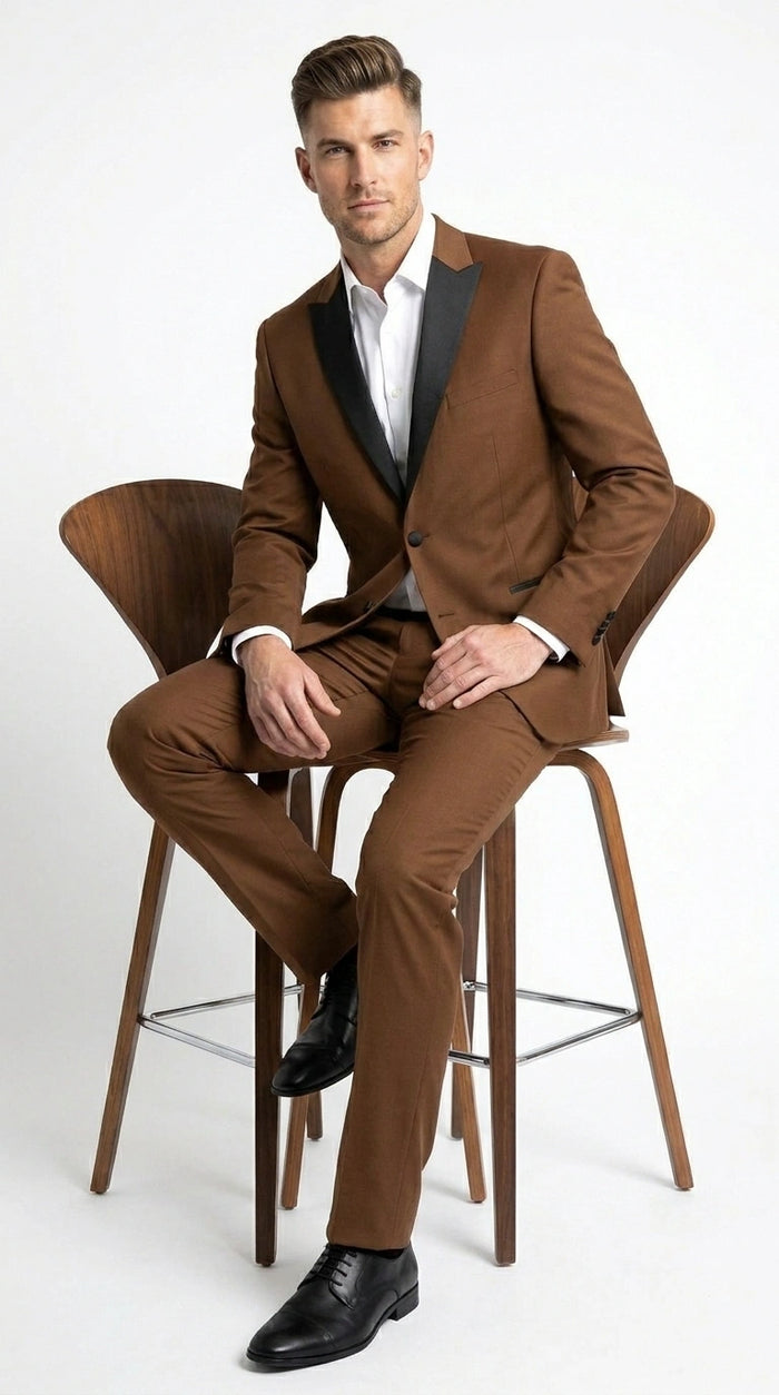 Men’s Light Brown Vested Piece Suit – Elegant Formal Suit with Contrast Lapel for Wedding, Party Modern Fit