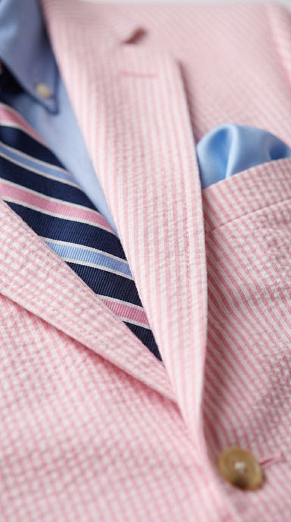 Men’s Pink Seersucker 2 Piece Suit, Lightweight Summer Dress Suit for Weddings, Prom, Parties, and Special Occasions Modern Fit