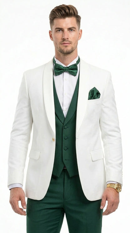 Men’s White and Hunter Green 3 Piece Suit – Elegant Formal Suit with Vest, Wedding Tuxedo Suit for Prom and Party Wear