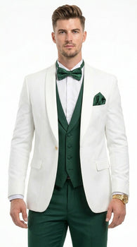 Men’s White and Hunter Green 3 Piece Suit – Elegant Formal Suit with Vest, Wedding Tuxedo Suit for Prom and Party Wear