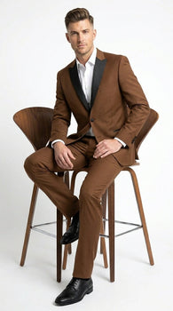 Men’s Light Brown Vested Piece Suit – Elegant Formal Suit with Contrast Lapel for Wedding, Party