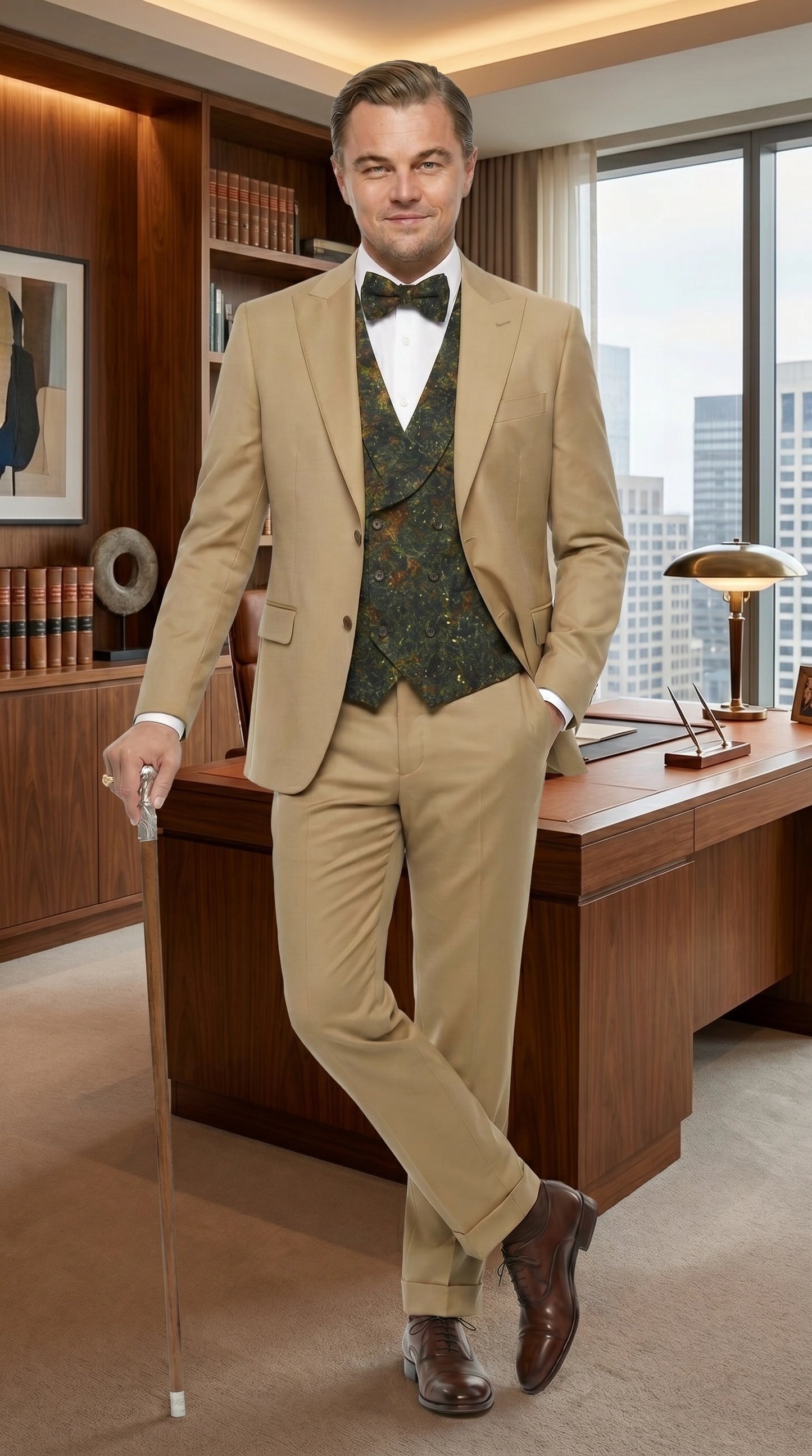 Men’s Khaki 3 Piece Suit with Patterned Vest, Great Gatsby Inspired Formal Suit for Weddings, Mardi Gra in Tan Camel Color Modern Fit
