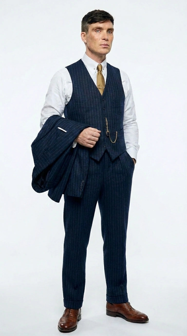 Men’s Navy Blue Pinstripe 3 Piece Suit, Thomas Shelby Inspired Vintage Formal Suit for Weddings, Parties, Prom, and Special Events Modern Fit