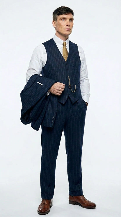 Men’s Navy Blue Pinstripe 3 Piece Suit, Thomas Shelby Inspired Vintage Formal Suit for Weddings, Parties, Prom, and Special Events Modern Fit