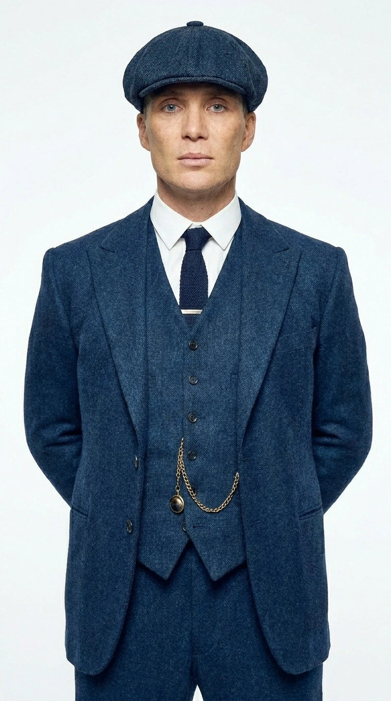 Men’s Blue 3 Piece Suit, Thomas Shelby Inspired Vintage Formal Suit Herringbone Tweed 1920s fabric Modern Fit