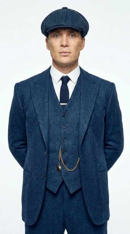 Men’s Blue 3 Piece Suit, Thomas Shelby Inspired Vintage Formal Suit Herringbone Tweed 1920s fabric Modern Fit