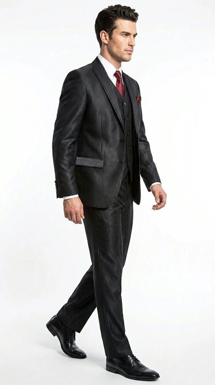 Men’s Black Shiny 3 Piece Tuxedo Groom Suit, Formal Vest Suit for Weddings, Prom, Black Tie Events, Black Lapel