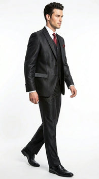 Men’s Black Shiny 3 Piece Tuxedo Groom Suit, Formal Vest Suit for Weddings, Prom, Black Tie Events, Black Lapel