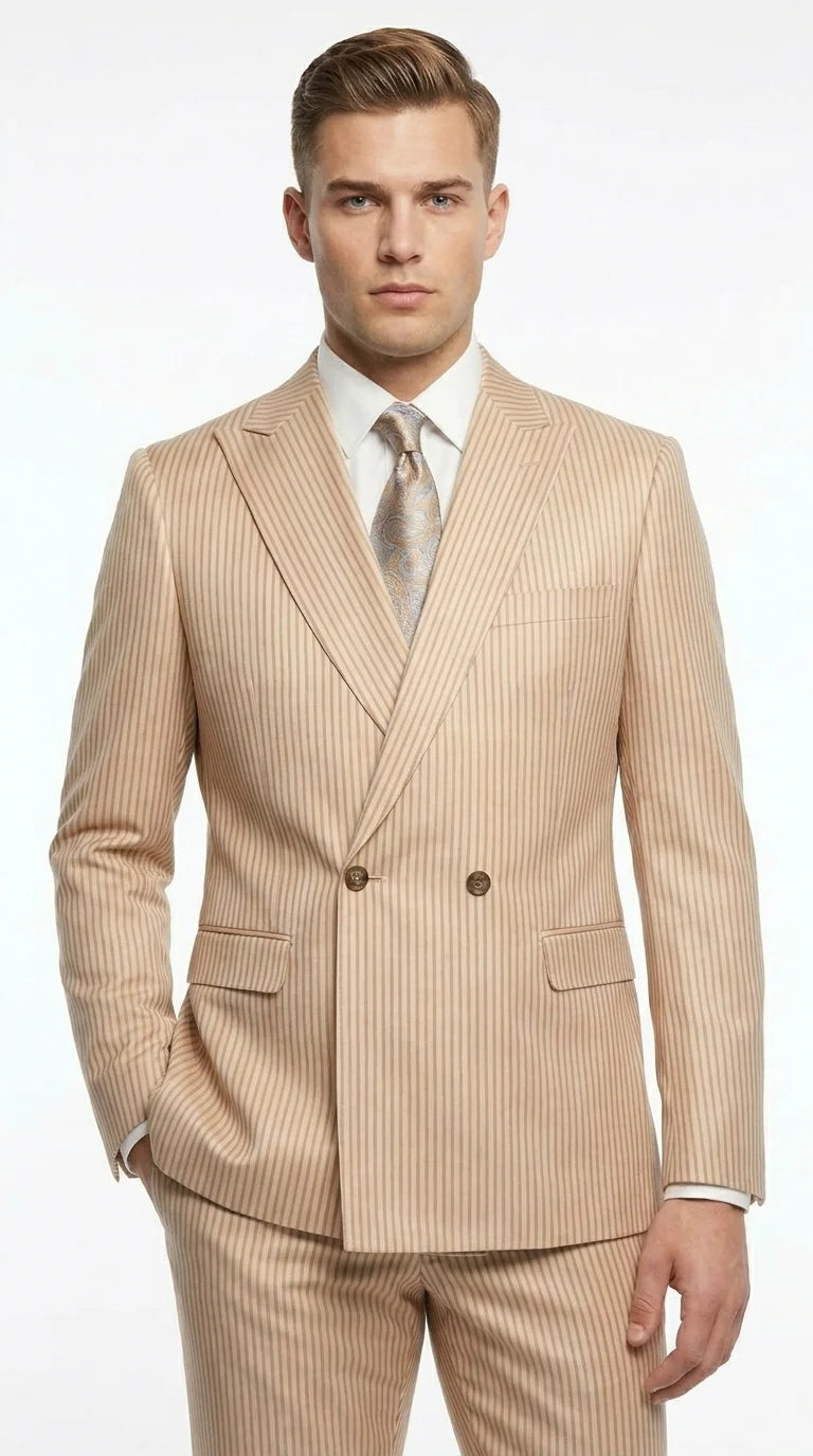 Vitali Men’s Tone on Tone Beige Pinstripe 2 Piece Suit, Double Breasted Summer Dress Suit for Weddings, Tan Beige Shadow Pinstripe Modern Fit