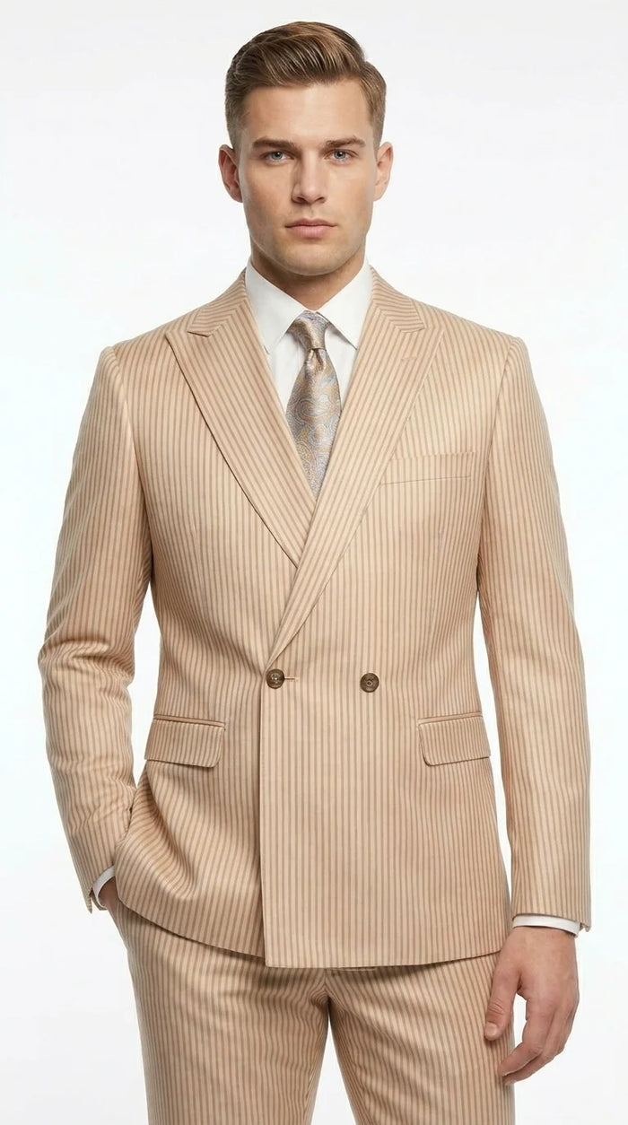 Vitali Men’s Tone on Tone Beige Pinstripe 2 Piece Suit, Double Breasted Summer Dress Suit for Weddings, Tan Beige Shadow Pinstripe Modern Fit