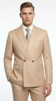 Vitali Men’s Tone on Tone Beige Pinstripe 2 Piece Suit, Double Breasted Summer Dress Suit for Weddings, Tan Beige Shadow Pinstripe