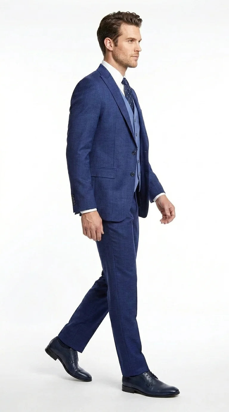 Vitali Men’s Navy Blue 3 Piece Suit with Light Blue Vest, Textured Formal Dress Suit for Weddings, Prom, Business Events, and Parties Modern Fit