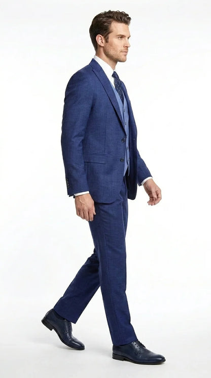 Vitali Men’s Navy Blue 3 Piece Suit with Light Blue Vest, Textured Formal Dress Suit for Weddings, Prom, Business Events, and Parties Modern Fit
