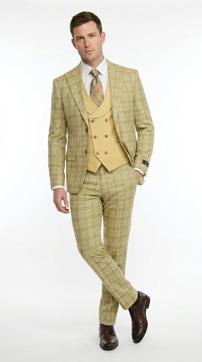 Vitali Men’s Sage Beige Tan Plaid 3 Piece Suit, Check Pattern Formal Dress Suit for Weddings, Prom, Business Events,Light Yellow Color Modern Fit