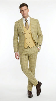 Vitali Men’s Sage Beige Tan Plaid 3 Piece Suit, Check Pattern Formal Dress Suit for Weddings, Prom, Business Events, Modern Fit Light Yellow Color