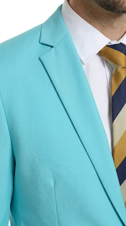 Men’s Aqua Blue 2 Piece 2 Button Suit, Formal Dress Suit for Weddings, Prom, Parties, Summer Events, Turquoise Light blue Modern Fit